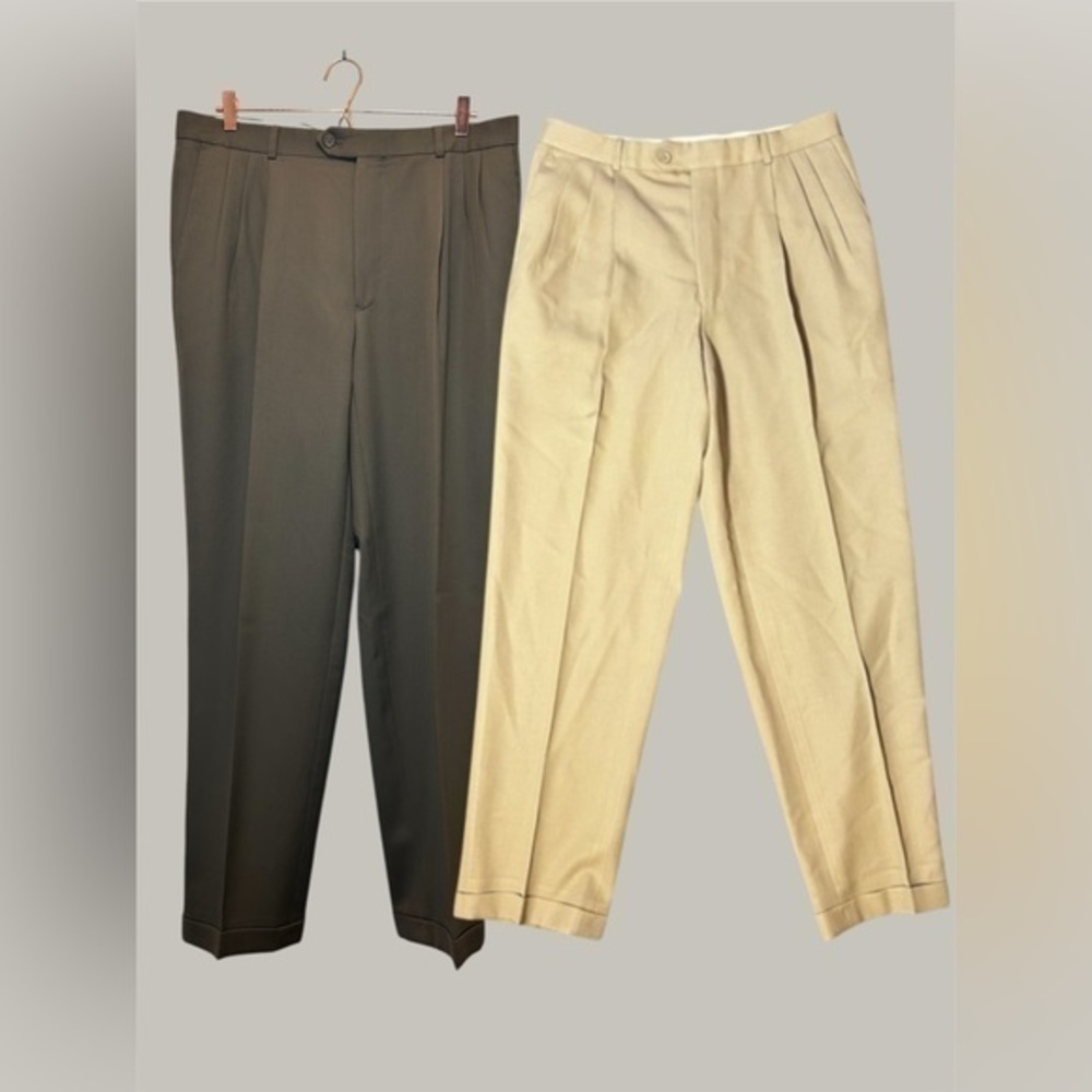 2x Paul Dione Khaki Virgin Wool Dress Pants Cuffed 35x32